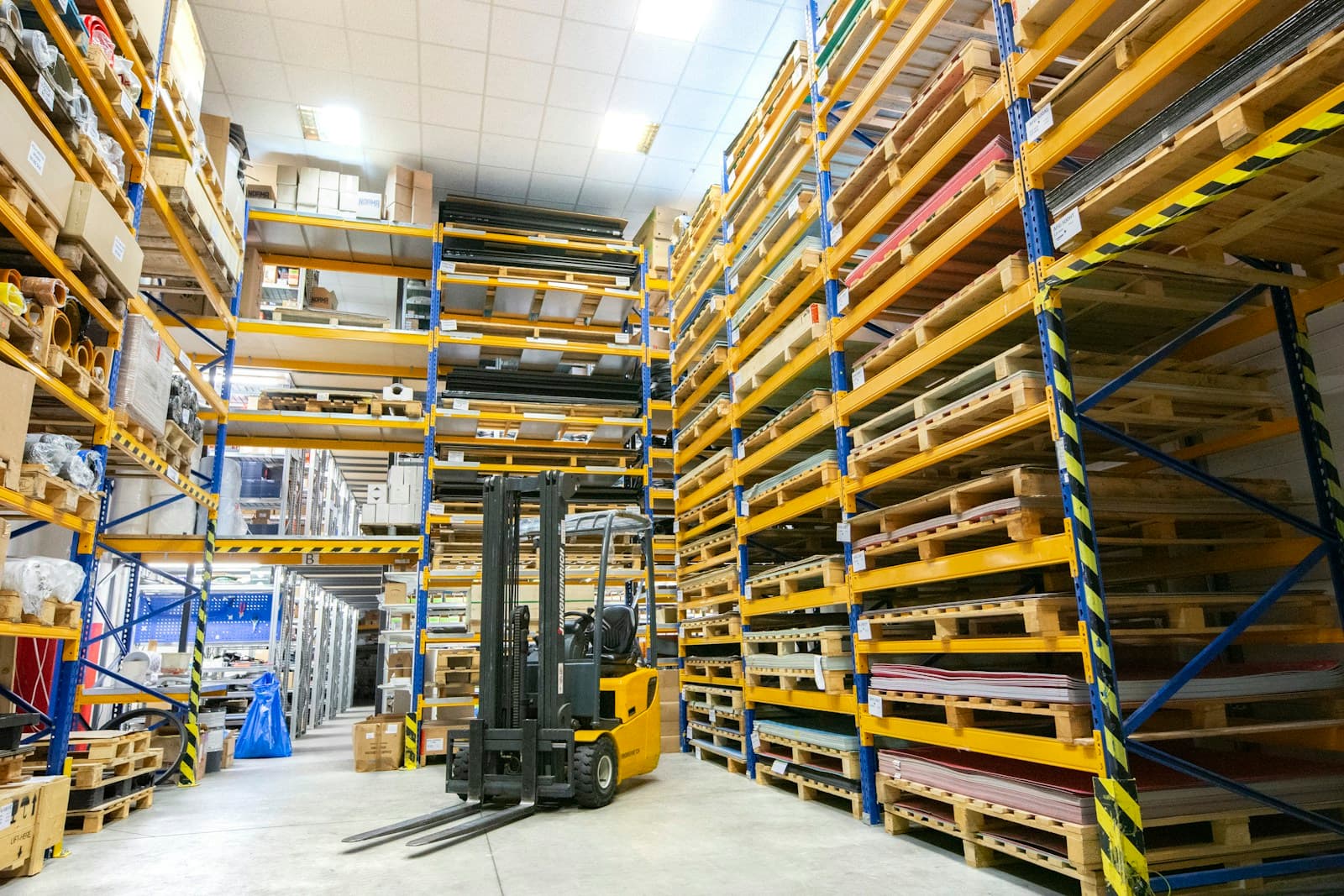 Warehouse pallets stacked